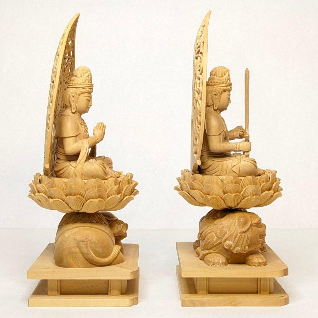【セール・新品】 普賢菩薩　文殊菩薩　柘植　総高さ約21.5㎝　仏像