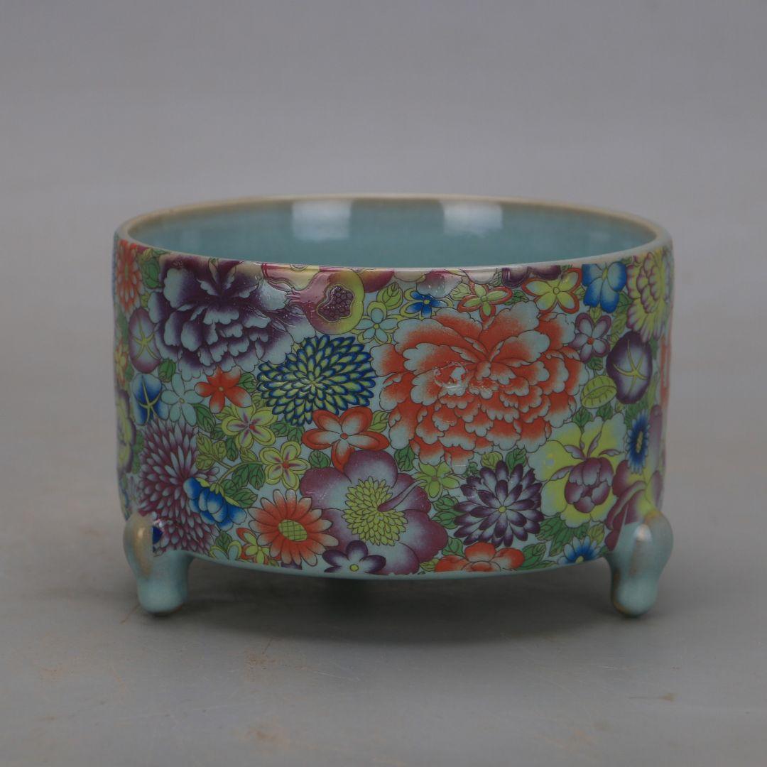 万花満工パステル三足香炉 景徳鎮 陶磁器 装飾品 現代工芸品