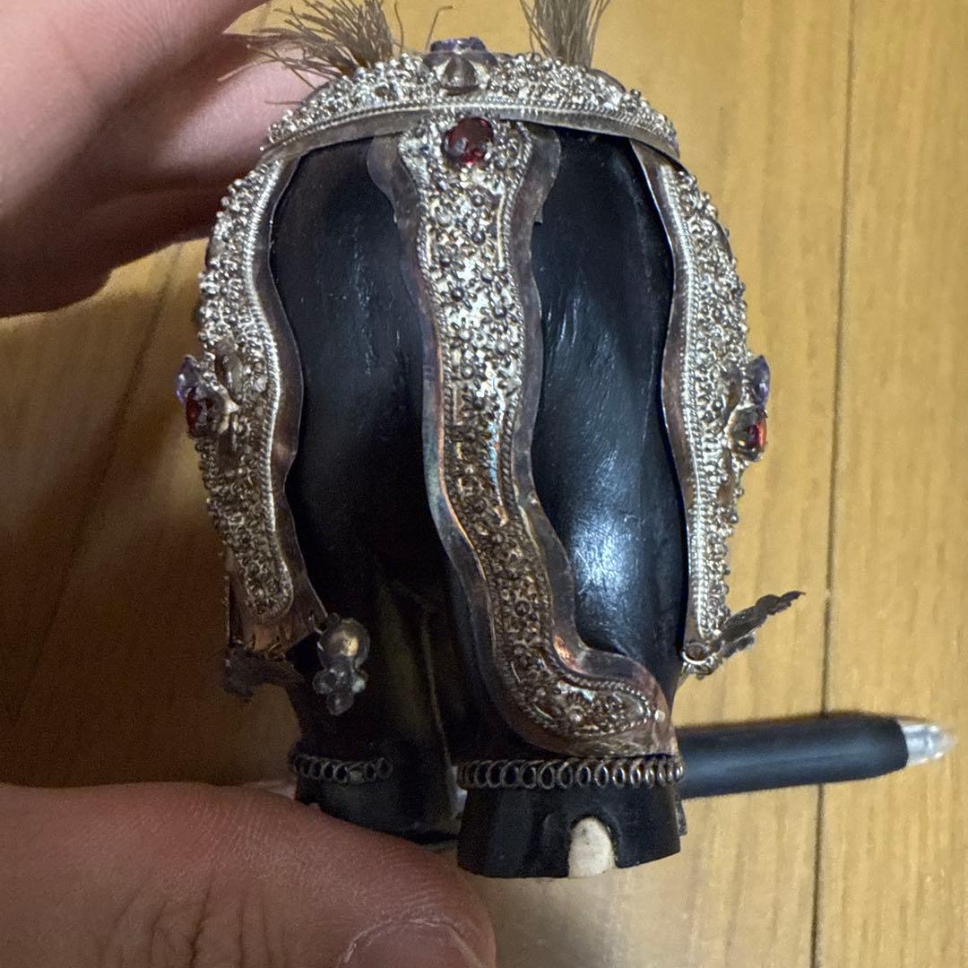 【木彫り象　シルバー装飾】ゾウの置物　スリランカ　当時物　蔵出し品