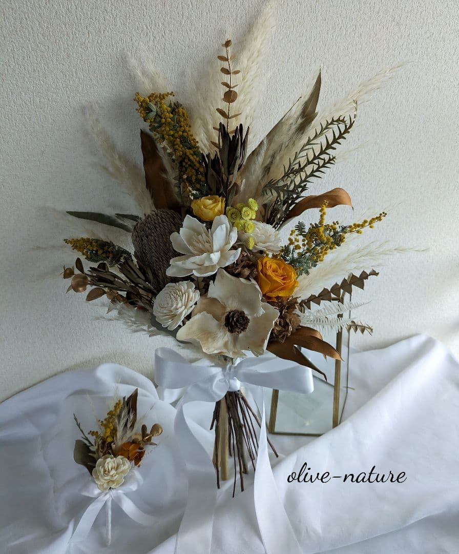 【特別価格】パームフラワーのウェディングブーケ＆ブートニア 結婚式 前撮り