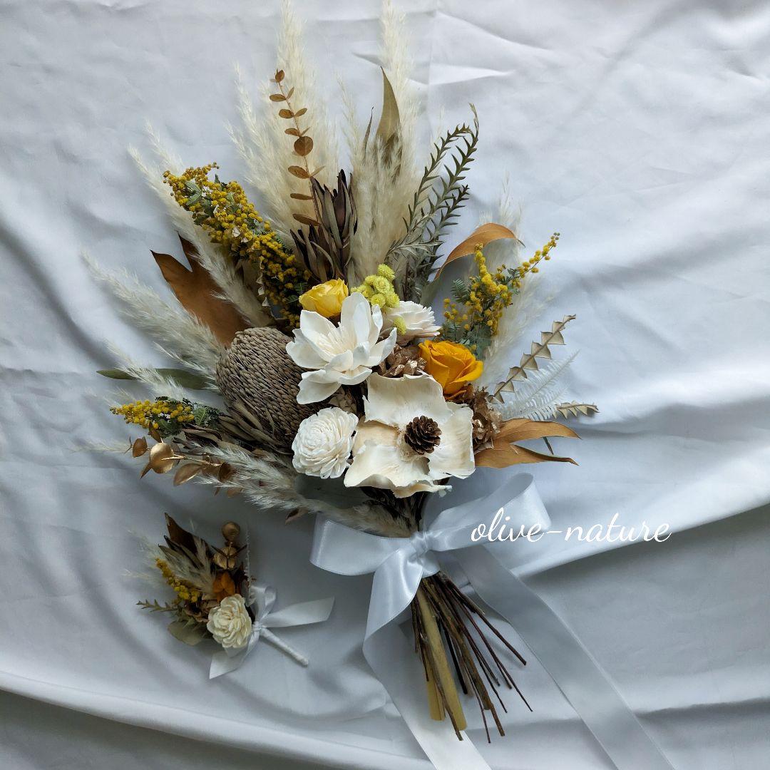 【特別価格】パームフラワーのウェディングブーケ＆ブートニア 結婚式 前撮り