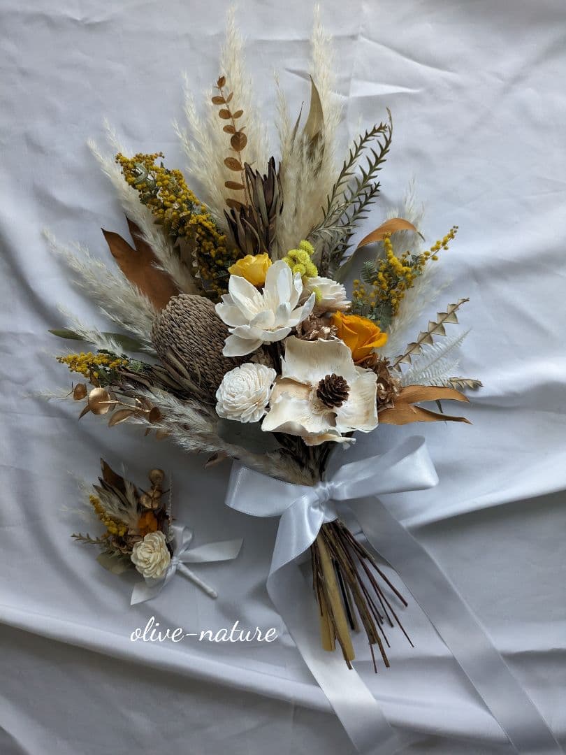 【特別価格】パームフラワーのウェディングブーケ＆ブートニア 結婚式 前撮り