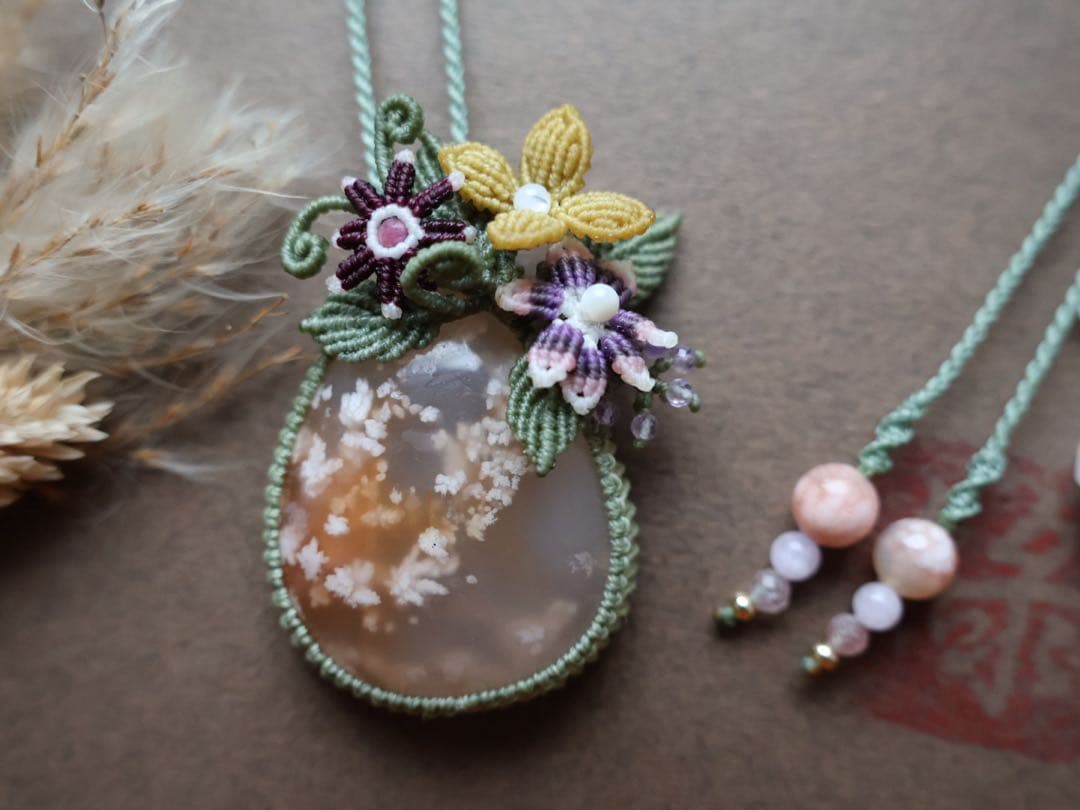 おうがっちょ 桜瑪瑙　マクラメ　ネックレス