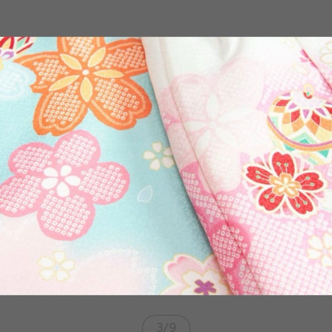 七五三　水色着物 桜模様　鞠ピンク