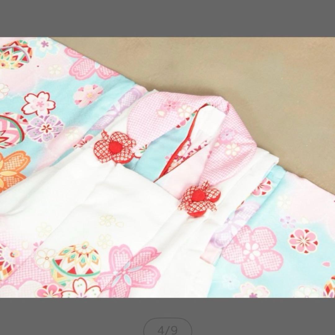 七五三　水色着物 桜模様　鞠ピンク