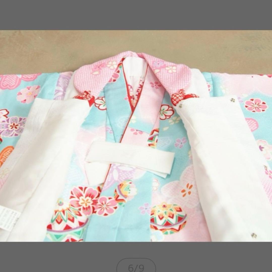 七五三　水色着物 桜模様　鞠ピンク