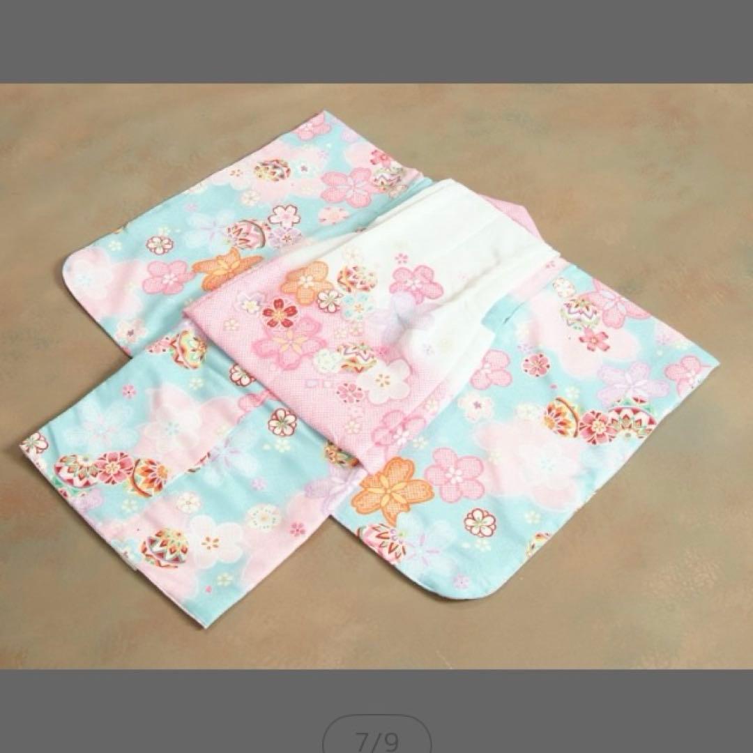 七五三　水色着物 桜模様　鞠ピンク