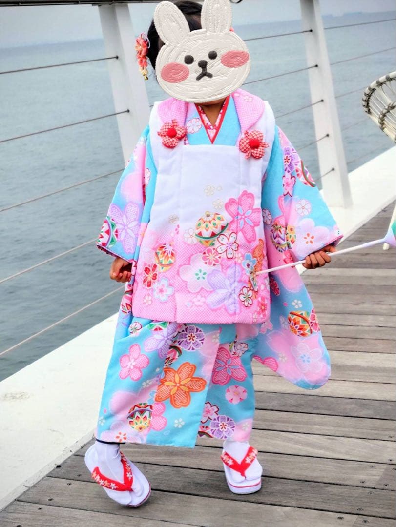 七五三　水色着物 桜模様　鞠ピンク