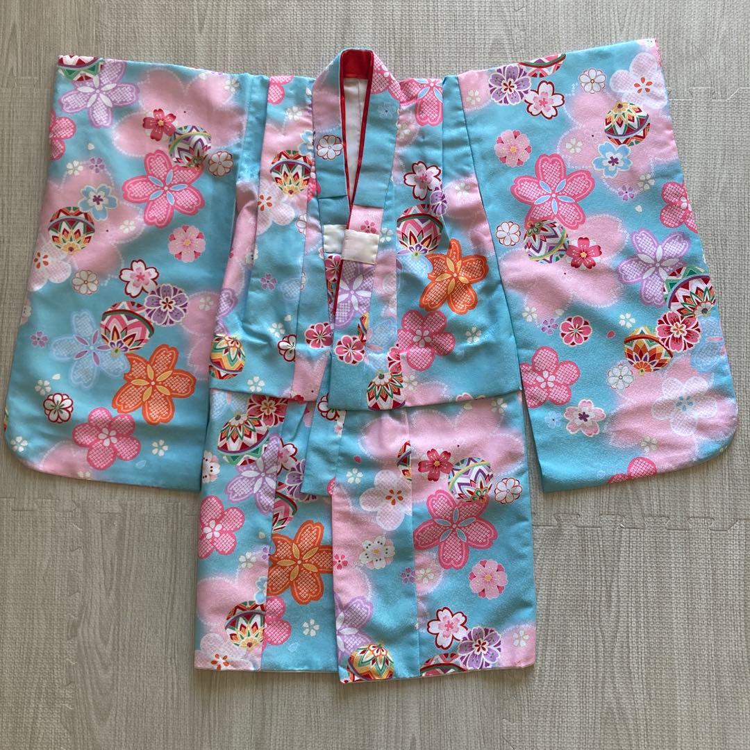 七五三　水色着物 桜模様　鞠ピンク