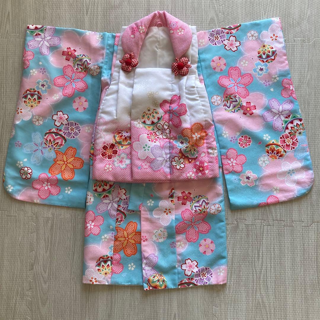 七五三　水色着物 桜模様　鞠ピンク