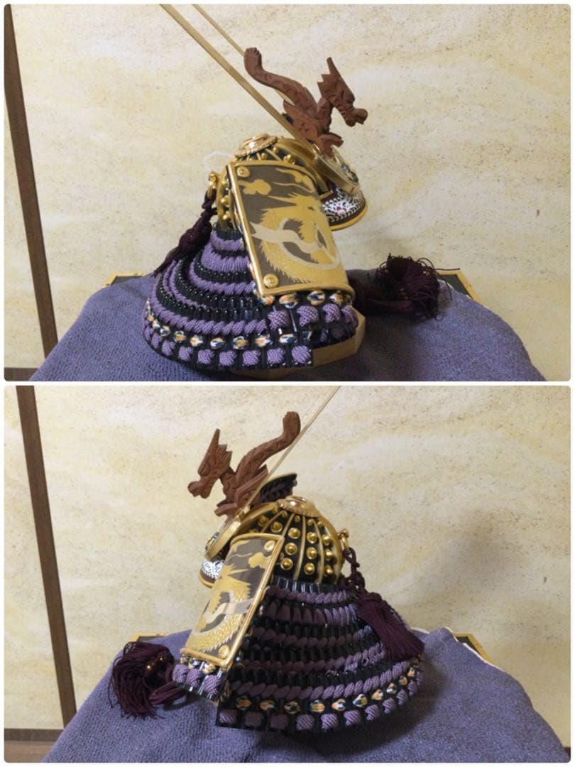 五月人形 飛騨の一刀彫龍頭兜 上原鎧袖作 屏風、台付 L152