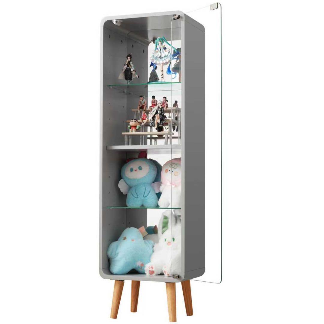 【新品】高さ121cm 4段ガラス収納ケース 背面ミラー付 グレー 幅36cm