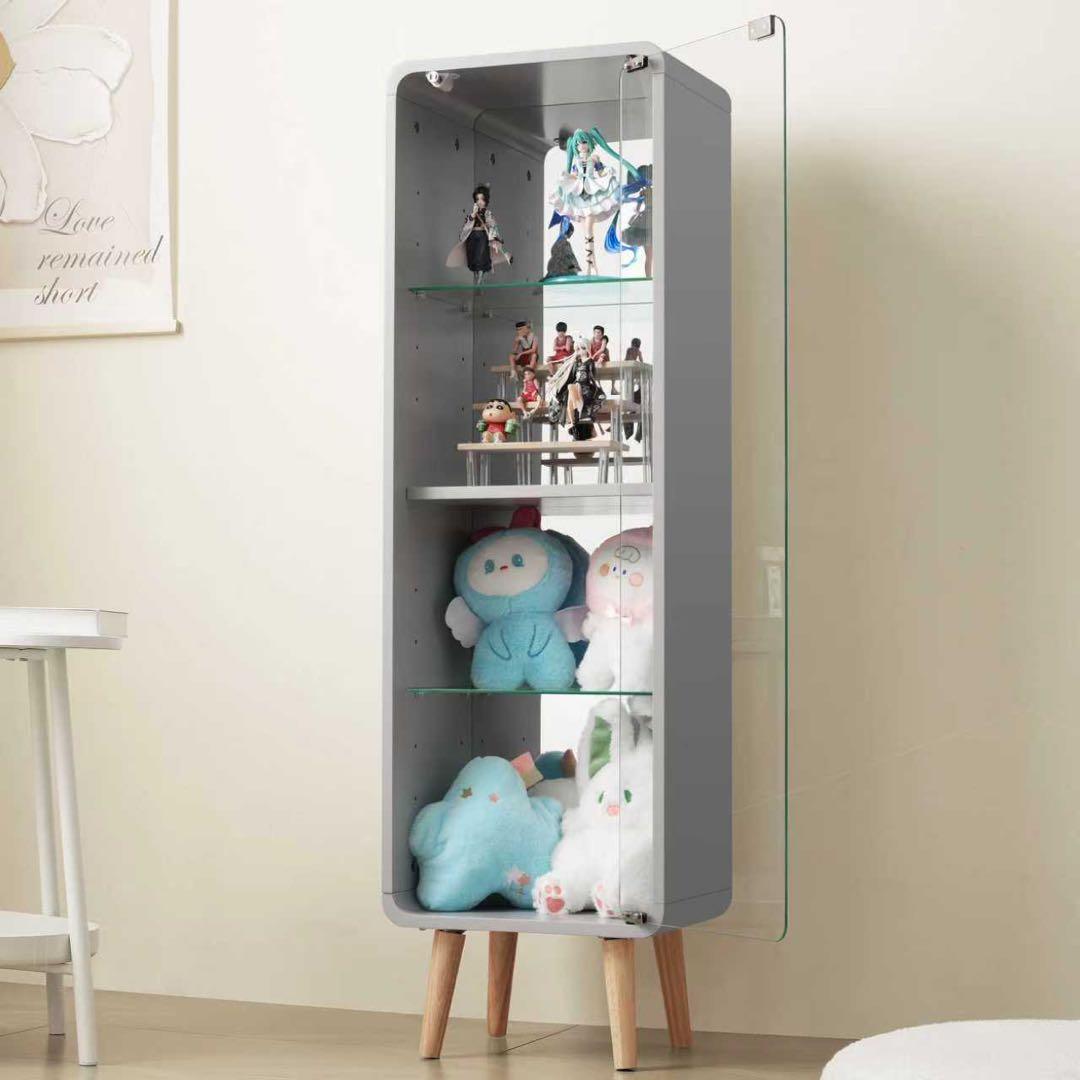 【新品】高さ121cm 4段ガラス収納ケース 背面ミラー付 グレー 幅36cm