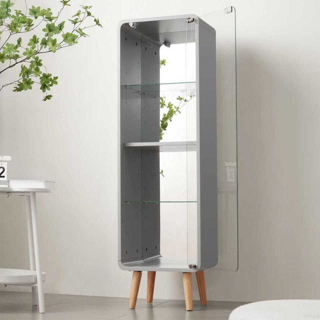 【新品】高さ121cm 4段ガラス収納ケース 背面ミラー付 グレー 幅36cm