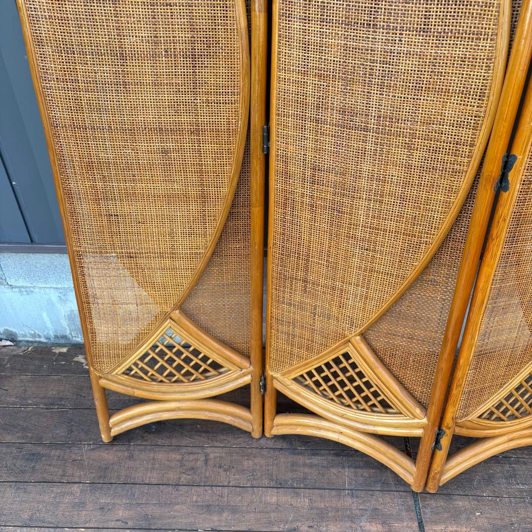 昭和レトロ エスニック 古家具 3連ラタンパーテーション 間仕切りパーティション