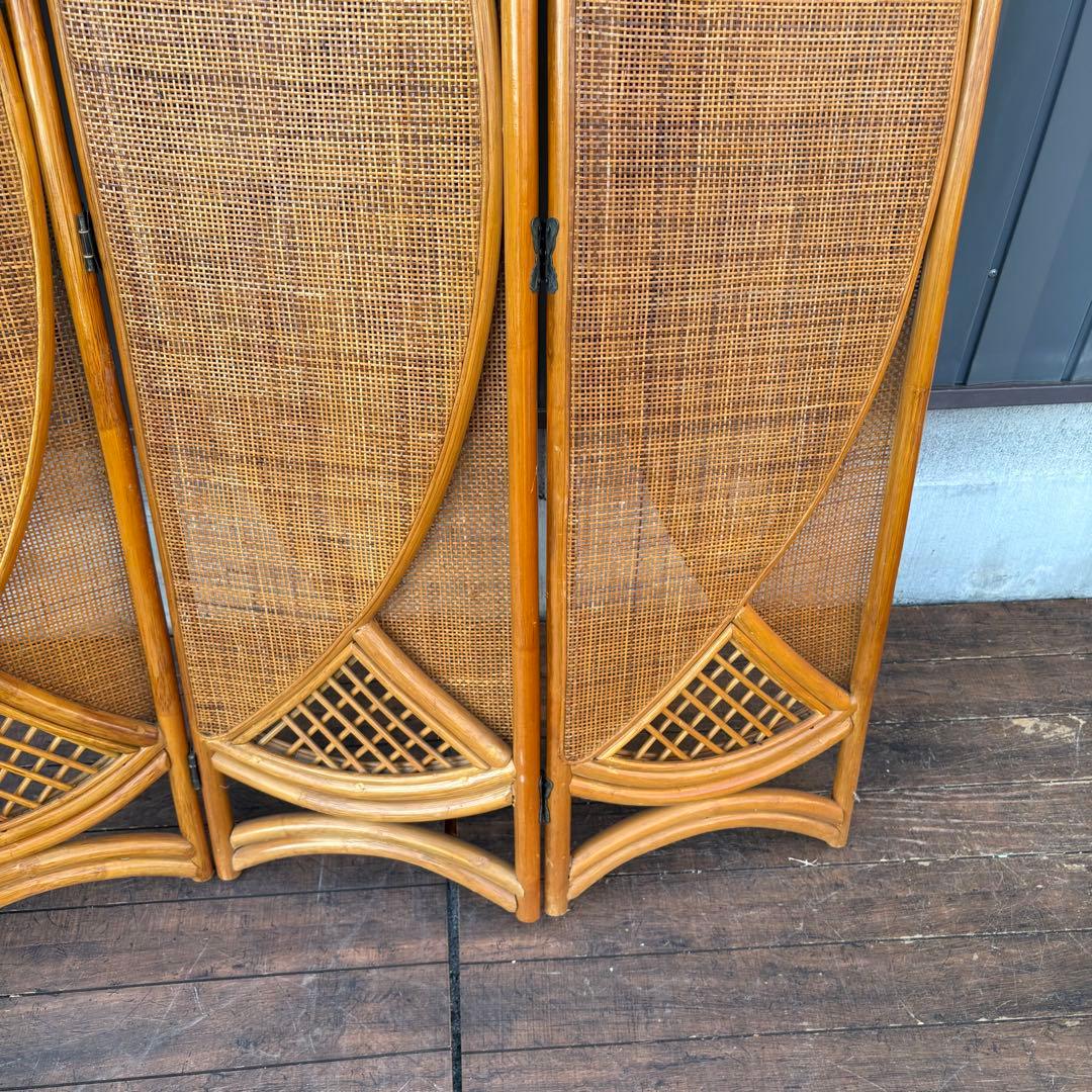 昭和レトロ エスニック 古家具 3連ラタンパーテーション 間仕切りパーティション