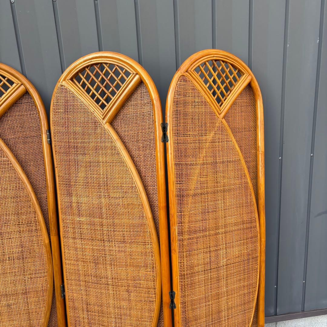 昭和レトロ エスニック 古家具 3連ラタンパーテーション 間仕切りパーティション