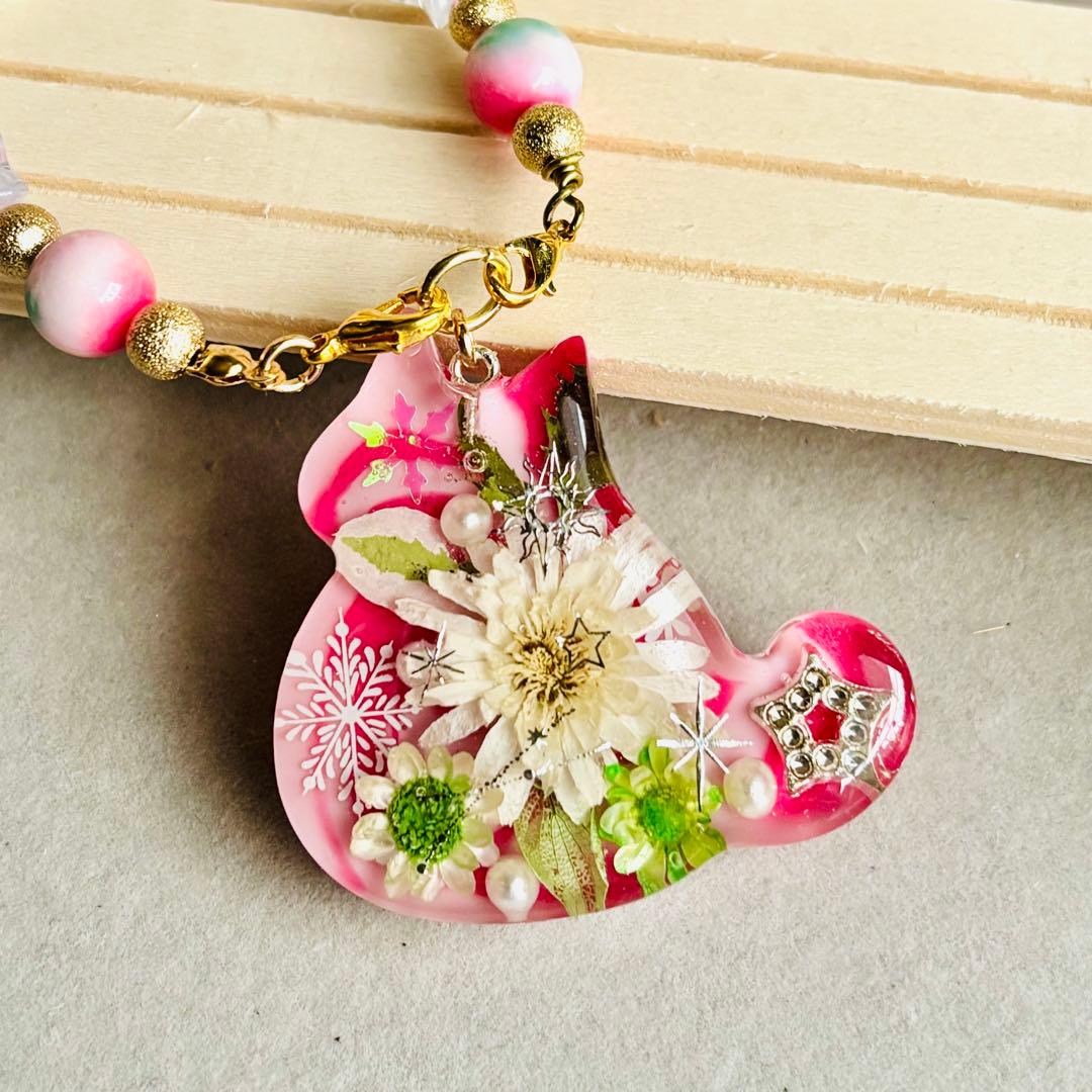 No.3127♡ドライフラワー♡天然石♡にゃんこ♡レジンチャーム