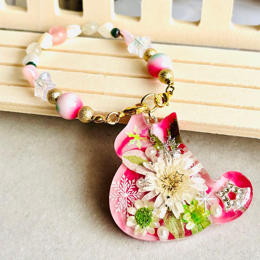 No.3127♡ドライフラワー♡天然石♡にゃんこ♡レジンチャーム