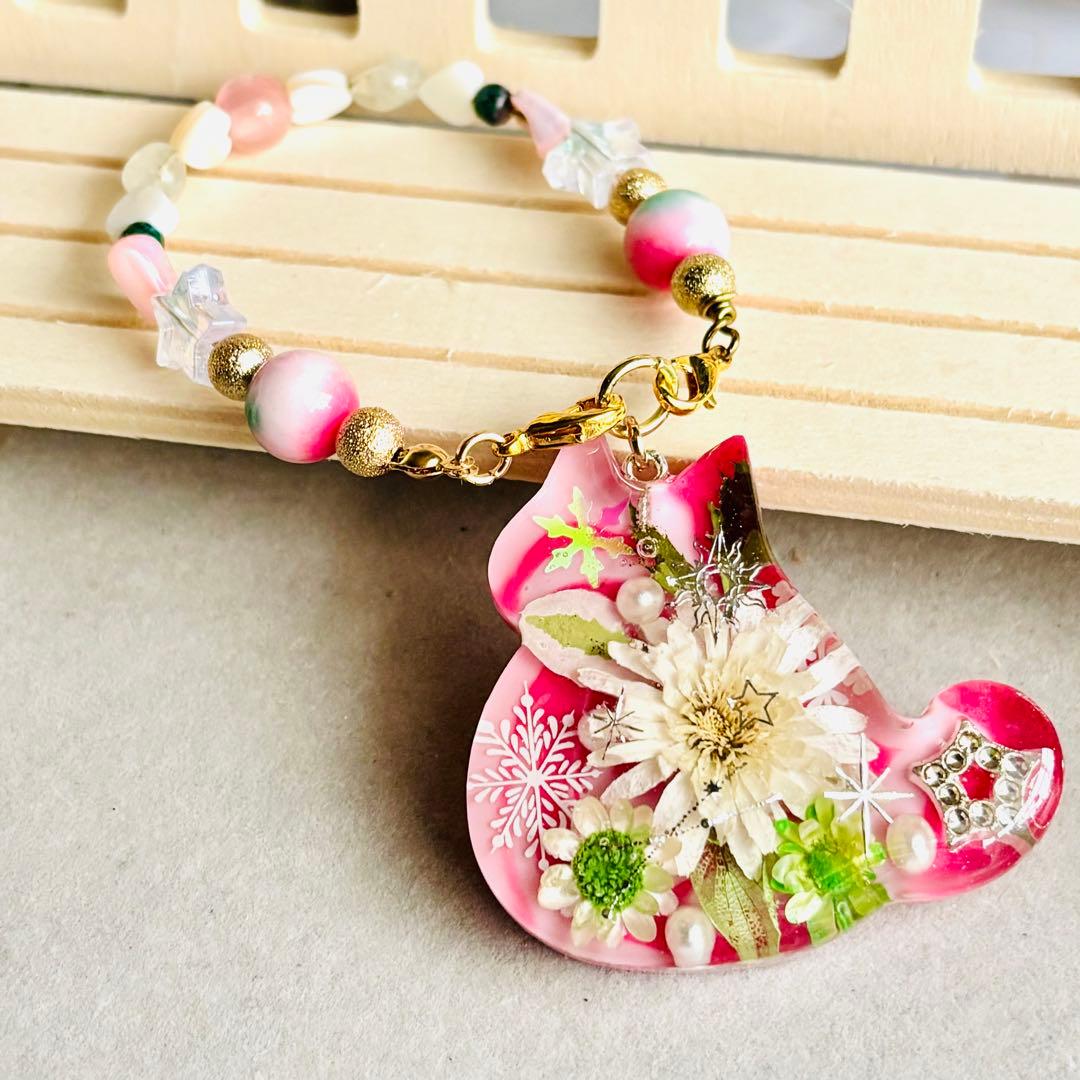 No.3127♡ドライフラワー♡天然石♡にゃんこ♡レジンチャーム