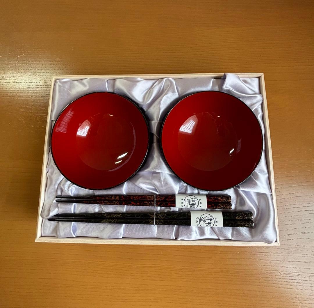 津軽塗　夫婦汁椀、箸セット