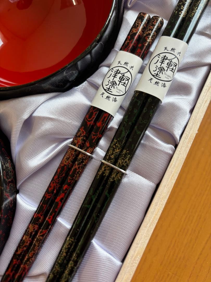 津軽塗　夫婦汁椀、箸セット