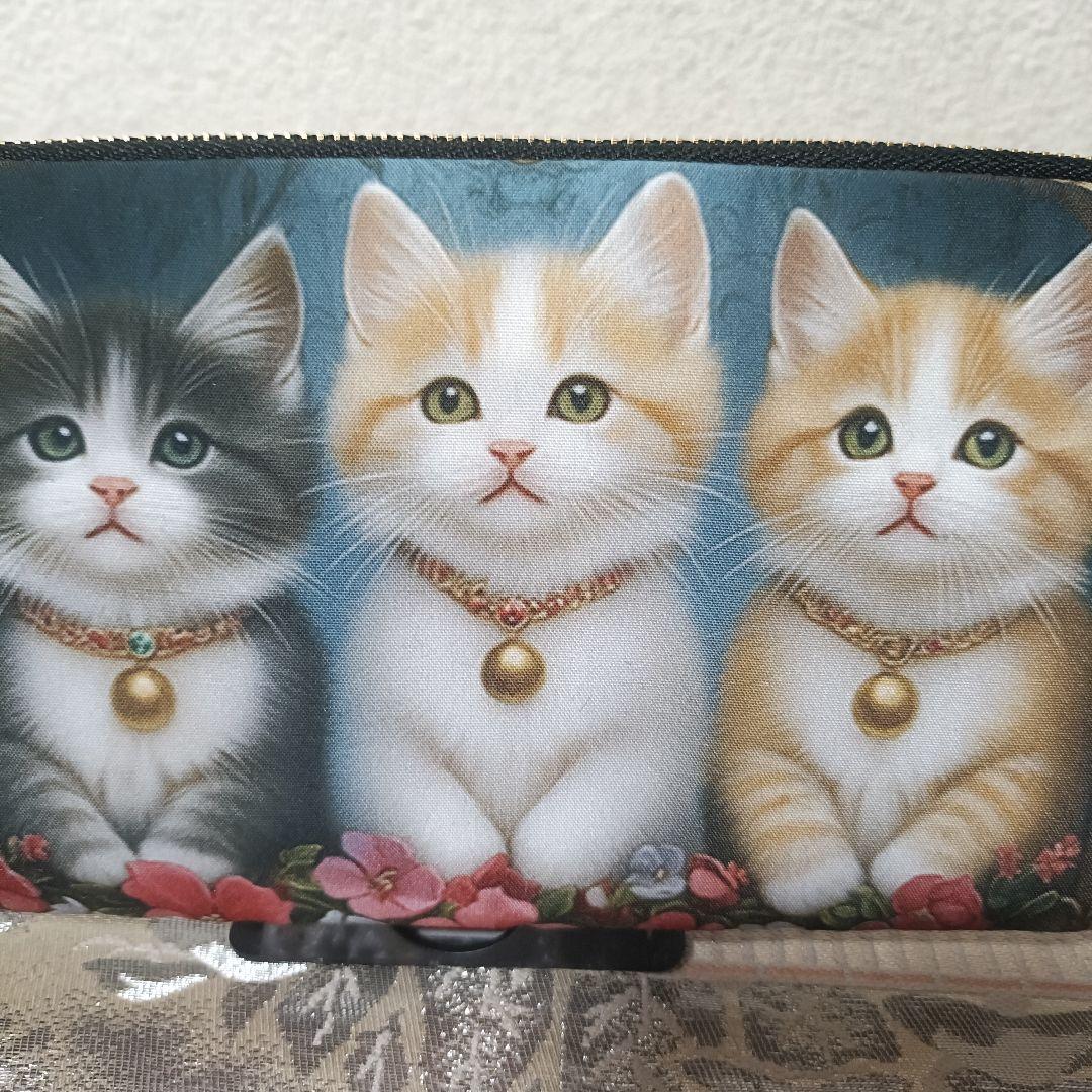 441】猫ちゃんパネル生地 帯 ハンドメイド L字型長財布ファスナー