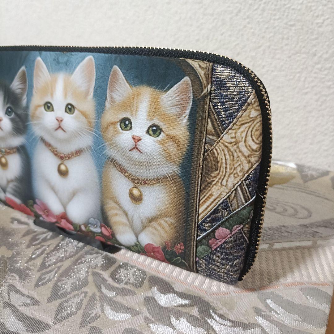 441】猫ちゃんパネル生地 帯 ハンドメイド L字型長財布ファスナー