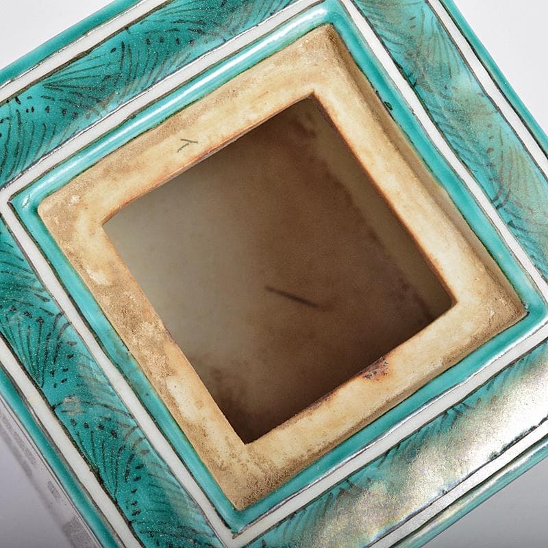 九谷焼 西谷加陽作 色絵 毛筆細字 獅子摘 四方香炉 共布共箱 F R7688