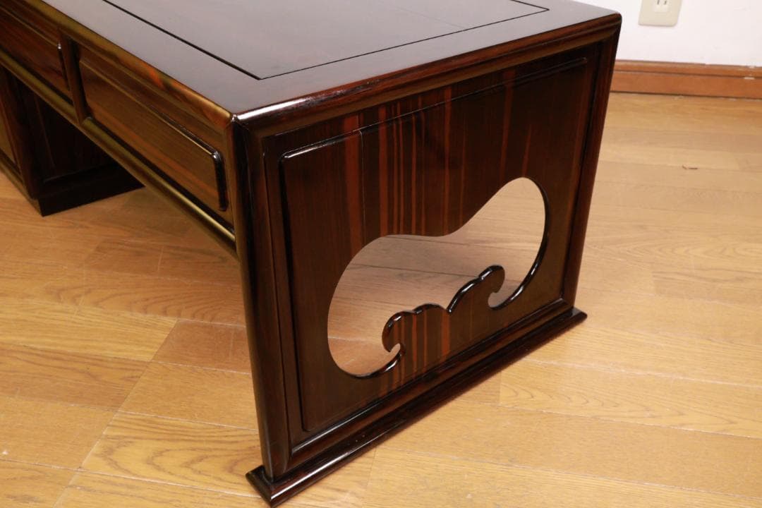 時代家具　縞黒檀　総無垢　文机　片袖　座敷机　文豪机　書斎机 BE989