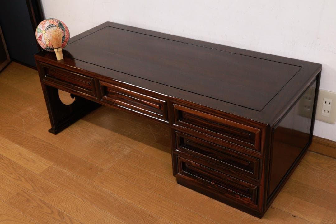 時代家具　縞黒檀　総無垢　文机　片袖　座敷机　文豪机　書斎机 BE989