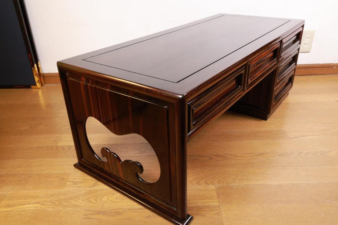 時代家具　縞黒檀　総無垢　文机　片袖　座敷机　文豪机　書斎机 BE989