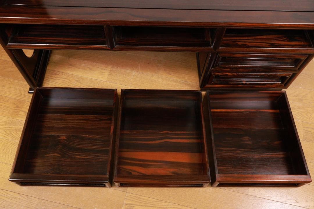 時代家具　縞黒檀　総無垢　文机　片袖　座敷机　文豪机　書斎机 BE989