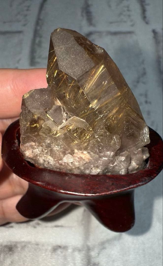 ⑤ブラジル産 タイチンルチルクォーツ マスター 原石クラスター 特注手彫専用台座