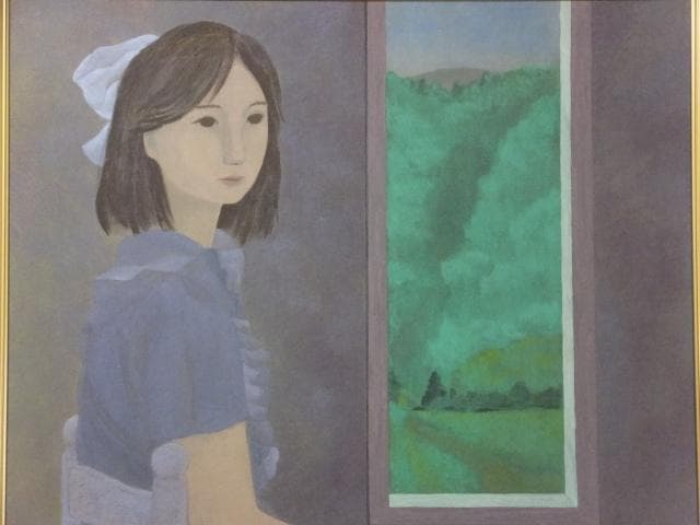 橋本弘安 落款印譜 共シール『窓辺』 日本画 紙本に岩絵具彩色 1011W