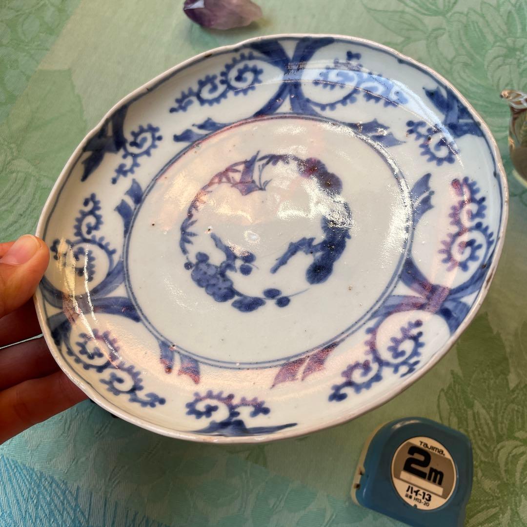 江戸中期　古伊万里　熨斗　松竹梅　吉祥紋様　染付　輪花型　中皿　6寸皿