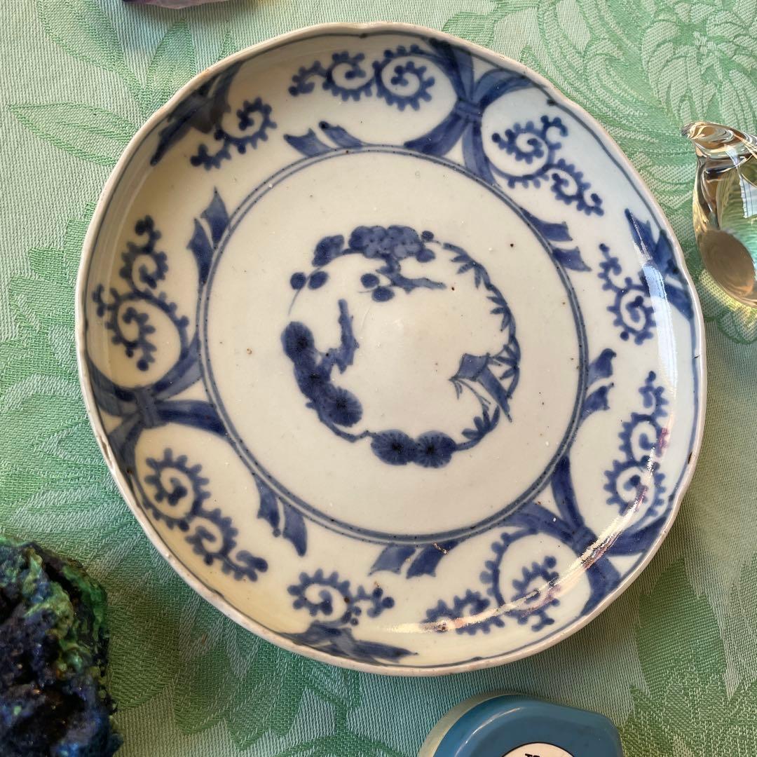 江戸中期　古伊万里　熨斗　松竹梅　吉祥紋様　染付　輪花型　中皿　6寸皿