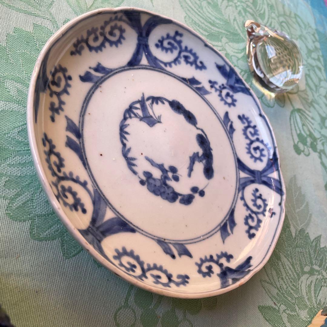 江戸中期　古伊万里　熨斗　松竹梅　吉祥紋様　染付　輪花型　中皿　6寸皿