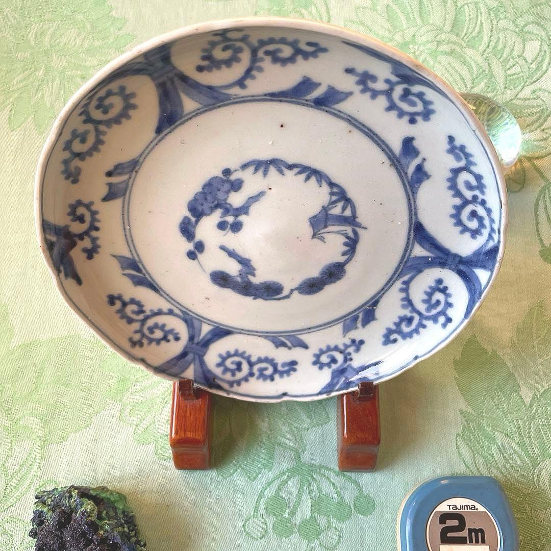 江戸中期　古伊万里　熨斗　松竹梅　吉祥紋様　染付　輪花型　中皿　6寸皿