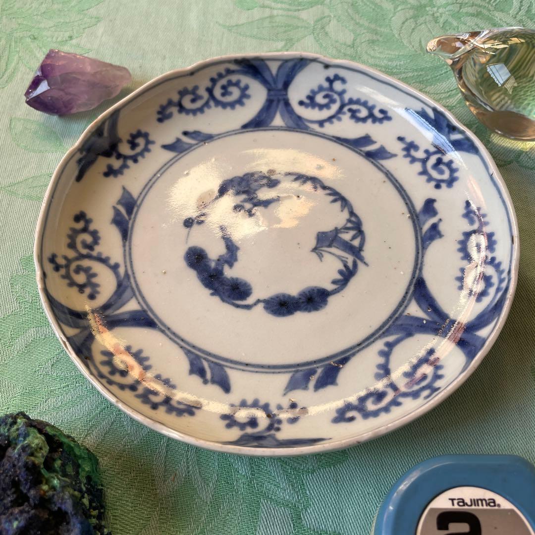 江戸中期　古伊万里　熨斗　松竹梅　吉祥紋様　染付　輪花型　中皿　6寸皿