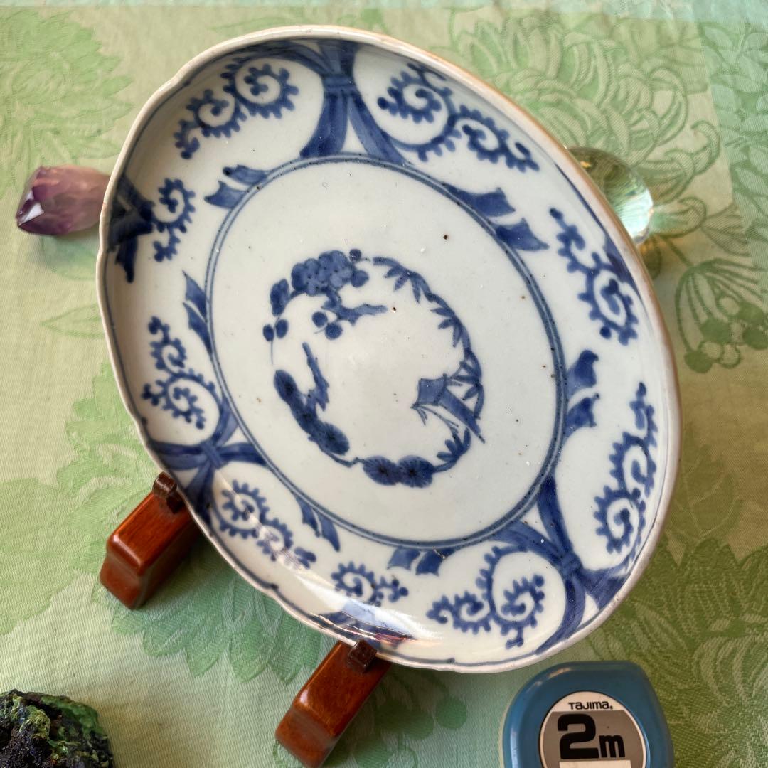 江戸中期　古伊万里　熨斗　松竹梅　吉祥紋様　染付　輪花型　中皿　6寸皿