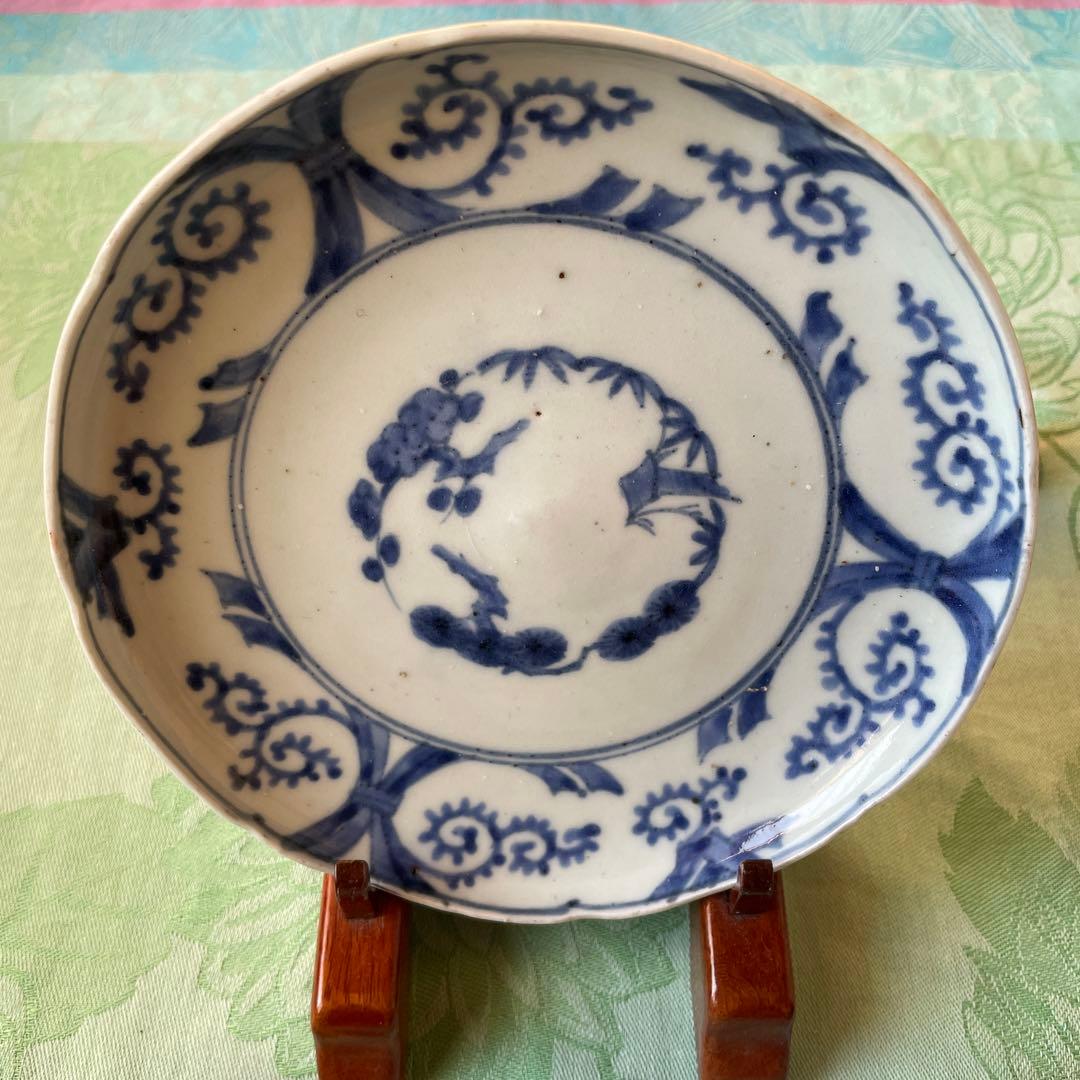 江戸中期　古伊万里　熨斗　松竹梅　吉祥紋様　染付　輪花型　中皿　6寸皿