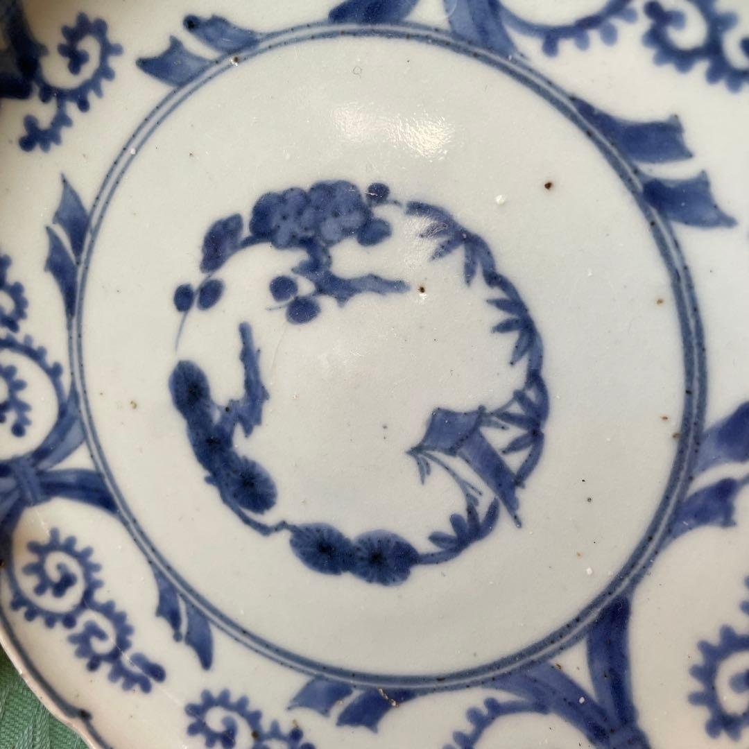 江戸中期　古伊万里　熨斗　松竹梅　吉祥紋様　染付　輪花型　中皿　6寸皿
