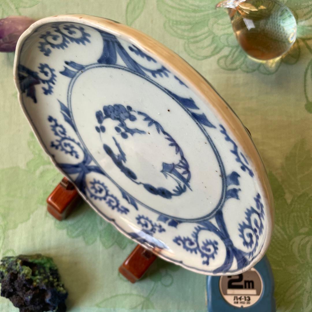 江戸中期　古伊万里　熨斗　松竹梅　吉祥紋様　染付　輪花型　中皿　6寸皿