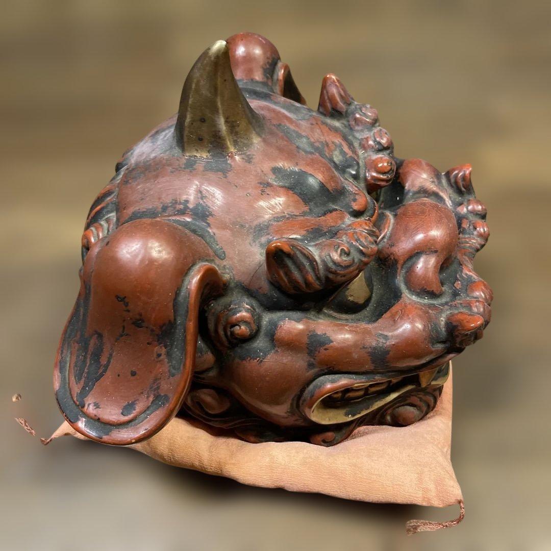 【九谷焼】獅子頭 赤黒　床の間 魔除け 縁起物 厄除け 置物 インテリア