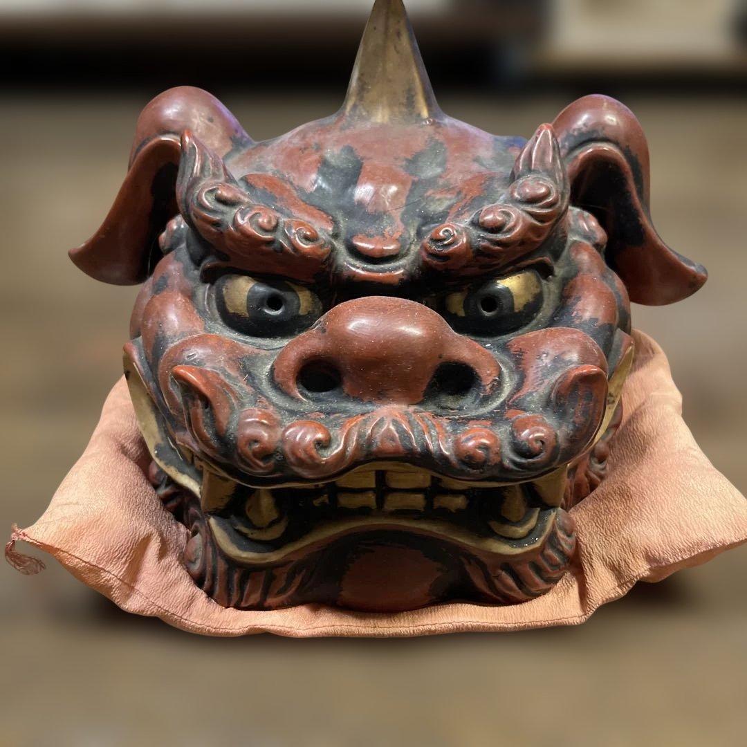 【九谷焼】獅子頭 赤黒　床の間 魔除け 縁起物 厄除け 置物 インテリア