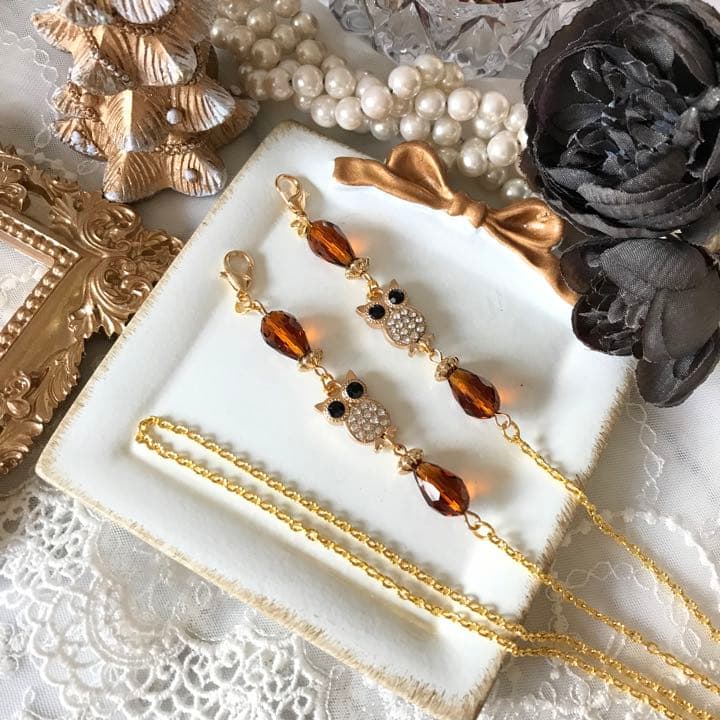 ♪606❤️ フクロウ　ガラスビーズ　ジルコニア　幸運　しずく　マスクチェーン