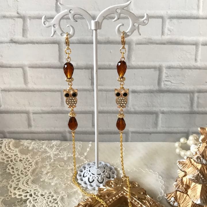 ♪606❤️ フクロウ　ガラスビーズ　ジルコニア　幸運　しずく　マスクチェーン