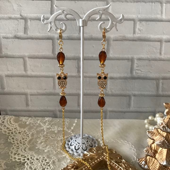 ♪606❤️ フクロウ　ガラスビーズ　ジルコニア　幸運　しずく　マスクチェーン