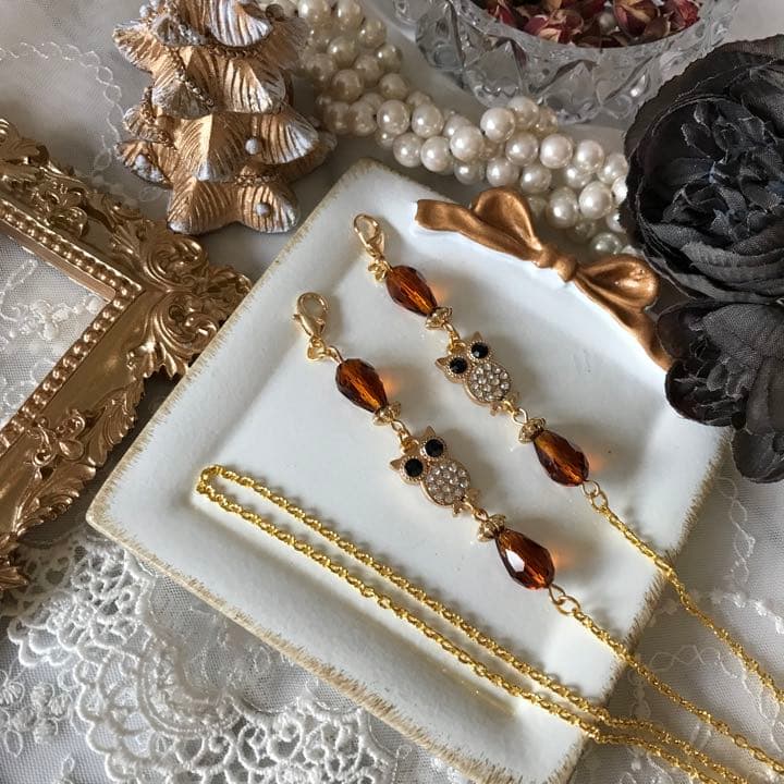 ♪606❤️ フクロウ　ガラスビーズ　ジルコニア　幸運　しずく　マスクチェーン